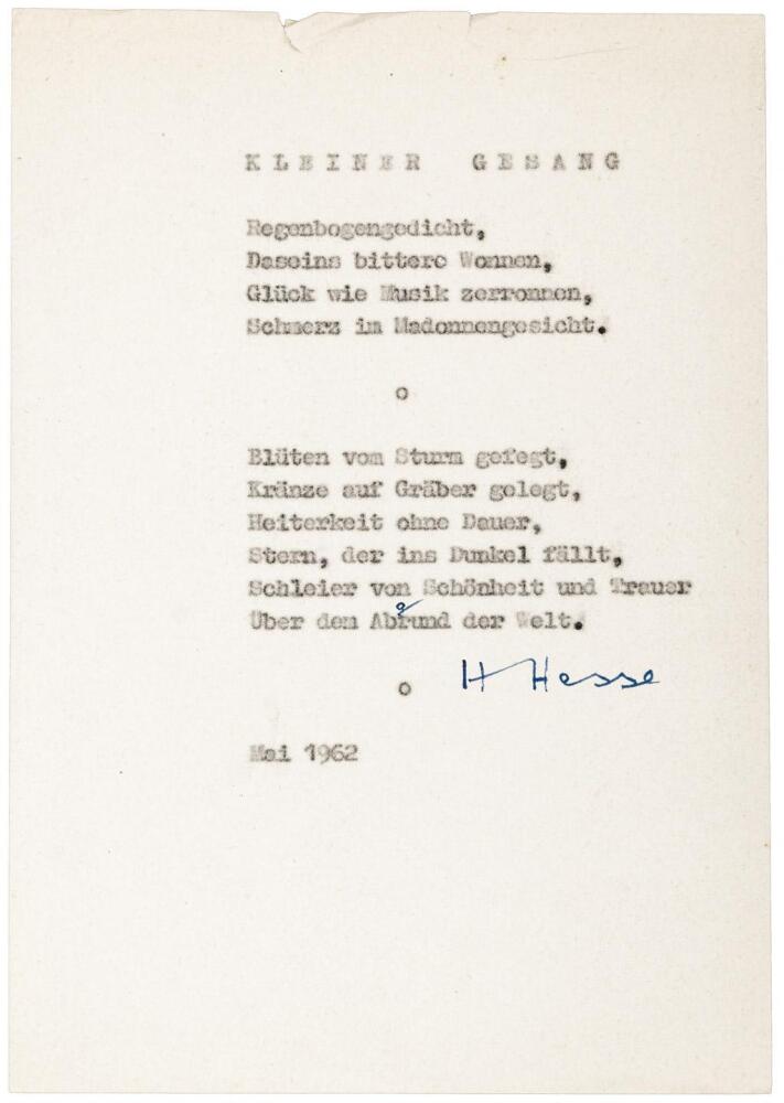 Kleiner Gesang - Typed Poem, signed by Hesse