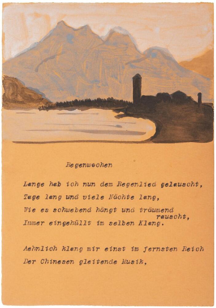 Unsigned Click Regenwochen - Typed poem, with an original watercolor sketch by Hesse ...