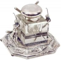 Silver plated inkwell with golfers