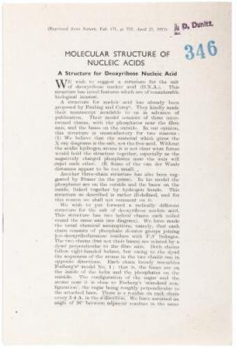 Molecular Structure of Nucleic Acid. A Structure for Deoxyribose Nucleic Acid - offprint from Nature Magazine