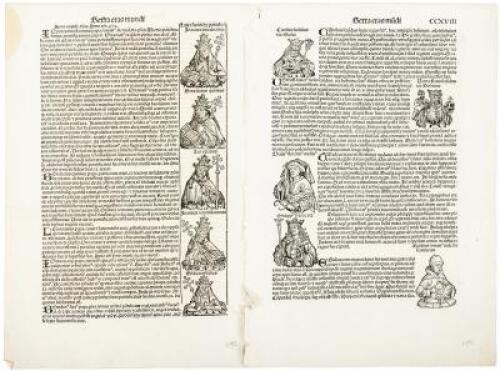 Four incunabula printed leaves including two with hand-colored portraits and headpieces, and two from the Nuremberg Chronicle (Liber Chronicarum)