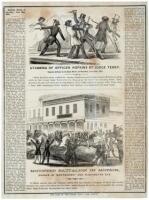 Stabbing of Officer Hopkins by Judge Terry. General Affray on Jackson Street, on Saturday, June 21st 1856 / Mounted Battalion in Motion, Corner of Montgomery and Washington Sts.