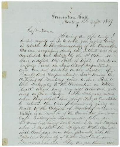 Autograph Letter Signed by Henry A. Tefft, a delegate to the California Constitutional Convention held in Monterey in 1849, to William Goodwin Dana, reporting on events