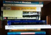 Shelf of books about trains and railroads