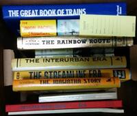 Shelf of books about trains and railroads
