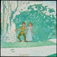 Original production cel for Peter Pan featuring the perpetual youngster standing next to Wendy in a blue dress