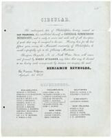 Circular advertising the services of Benjamin Reynolds in San Francisco as a commission merchant and forwarder of mail