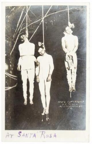 Real-photo postcard showing of three men hung by the neck from a tree - The second-to-the-last lynching in California