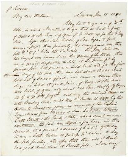 Autograph Letter Signed by John Cryder in London, to his business partner William Wetmore in New York, regarding the Opium War in China, the likely blockade, and its impact on trade relating to Wetmore's trading house in Canton