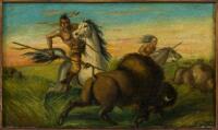 Original oil painting on board, of a Buffalo Hunt, signed D. Levy, 1867