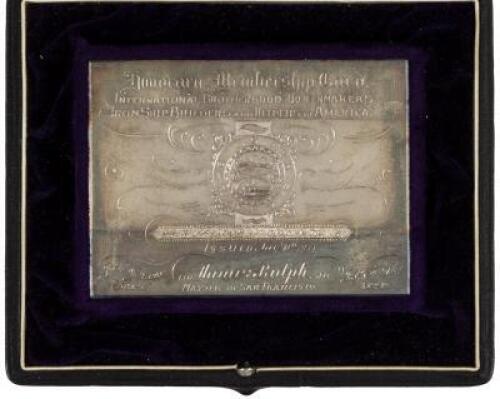 Sterling silver Honorary union membership card presented to San Francisco Mayor James Rolph Jr.