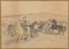 Original pencil drawing of a herd of horses on the prairie, with a lone cowboy in foreground