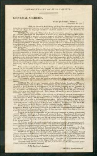 War of 1812 "General Orders" broadside for the Massachusetts Militia