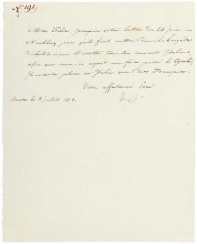Autograph Letter, signed, from Napoleon to his Stepson Prince Eugene