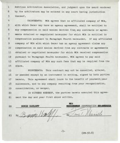 Contract between Boris Karloff and MCA Corporation for the use of Karloff's name and likeness