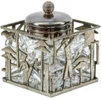 Engraved glass inkwell with silver lid, housed in Art Deco style metal case