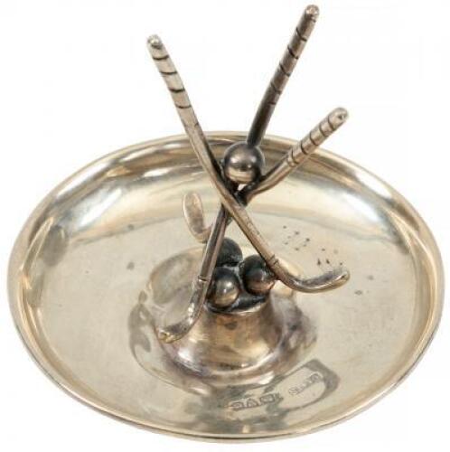 Sterling silver ash tray, with three crossing golf clubs