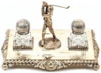 Silver plated inkwell set, with golfer