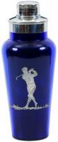 Blue glass cocktail shaker, with sterling silver overlay showing a male golfer