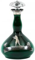 Green glass bottle, with sterling silver overlay showing a golfer
