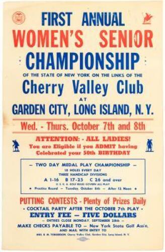 Poster for the First Annual Women's Senior Championship of the State of New York on the Links of the Cherry Valley Club at Garden City, Long Island, N. Y.