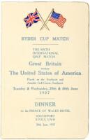 Ryder Cup Match. The Sixth International Golf Match, Great Britain versus the United States of America, Played on the Southport and Ainsdale Golf Course, Southport, Tuesday & Wednesday, 29th & 30th June, 1937. Dinner at the Prince of Wales Hotel, Southpor