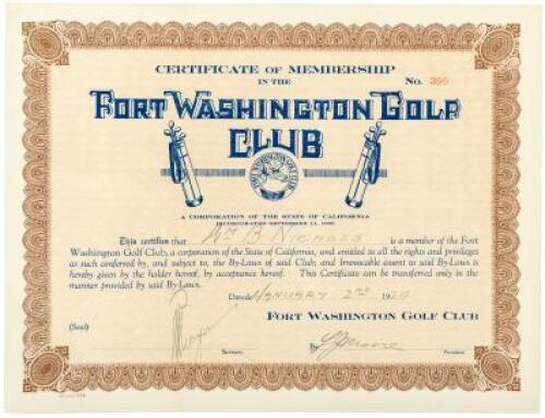 Certificate of Membership in the Fort Washington Golf Club for W[illiam] B[ates] Nichols