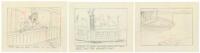 Three storyboard drawings from the 1941 cartoon "Scrub me Mamma With a Boogie Beat"