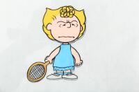 Original animation cel and production drawing of Sally with a tennis racquet
