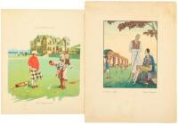Pair of menus from cruise ships, featuring golfing illustrations