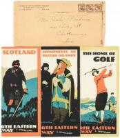 Three travel brochures from London & North Eastern Railway of England & Scotland, featuring golf