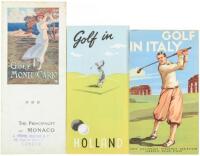 Three travel brochures for European destinations, each featuring golf