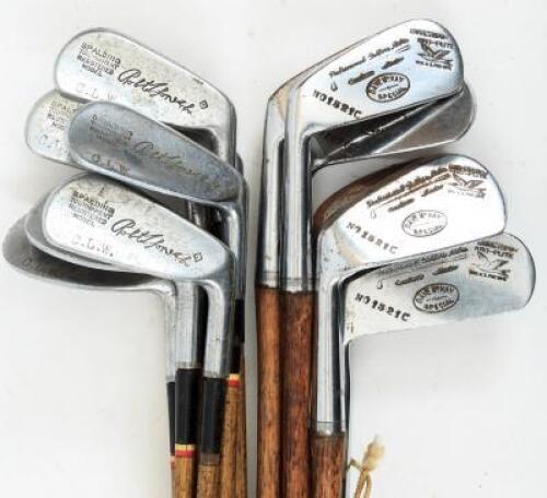 Group of five matched sets of golf clubs, mostly hickory shafted