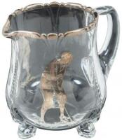 Glass pitcher, with sterling silver overlay showing two golfers