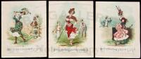 Three color lithograph illustrated panels, each with a line of music from a popular song, and an illustration of a lady golfer