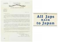 Native Sons of the Golden West, anti-Japanese printed letter, 1942, with related racist sticker