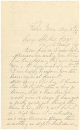 1896 letter from an Oregon gold miner who came from Angels Camp, California
