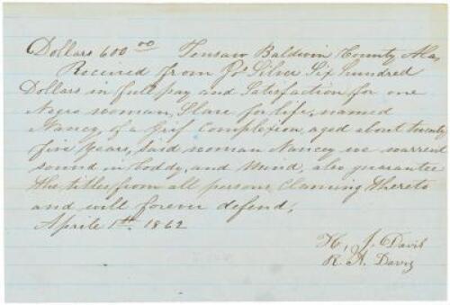 Manuscript bill of sale for a "Negro Woman" sold for $600