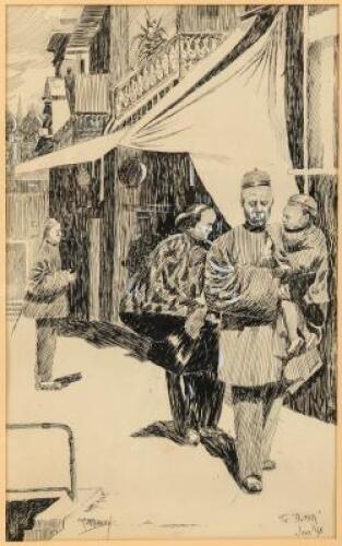 Original 1898 ink drawing of a Chinese family in a Chinatown street scene