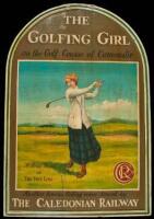 The Golfing Girl on the Golf Course at Carnoustie - vintage large wooden sign advertising for The Caledonian Railway