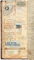 Ledger book used by New York real estate magnate L. Mortimer Thorn, for identifying people, businesses and other resources, with business cards and clippings mounted to leaves