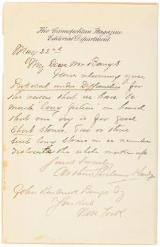 1895 Autograph Letter Signed as editor, Cosmopolitan Magazine, rejecting a story offered by Sherlockian humorist John Kendrick Bangs