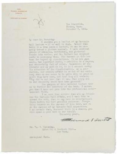 Letter from Edward S. Curtis to William T. Hornaday, discussing a lecture Curtis is giving at Carnegie Hall to promote The North American Indian