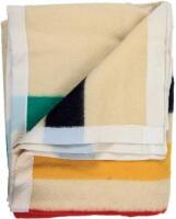 Hudson's Bay Point blanket, done in beige with yellow, red, green and black stripes