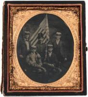 Quarter plate tintype of five men with an American Flag