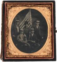 Quarter plate tintype of five men with an American Flag