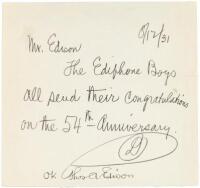 Note from "The Ediphone Boys" on the 54th Anniversary of Edison's invention of the phonograph, signed by Thomas Edison