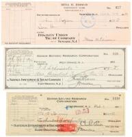 Three checks signed by Thomas Edison, Mina Edison, and Charles Edison