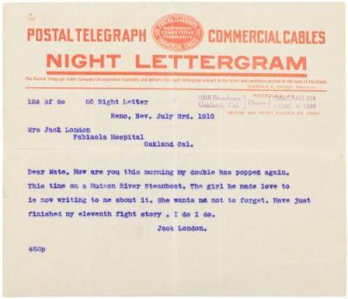 Series of thirteen “night lettergram” telegrams sent by Jack London to Charmian London while Jack was in Reno covering the Jefferies-Johnson boxing match and Charmian was in Fabiola Hospital in Oakand recovering from childbirth