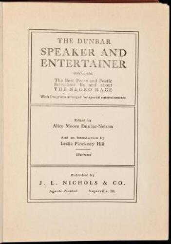 The Dunbar Speaker and Entertainer Containing the Best Prose and Poetic Selections by and About the Negro Race